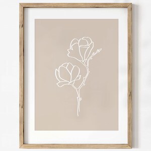 Linie Zeichnung Blumen Wandkunst - Minimalistische moderne Blumen Wandkunst in Beige und Weiß – Magnolie, Line Art Giclée Druck | Aga Szafranska
