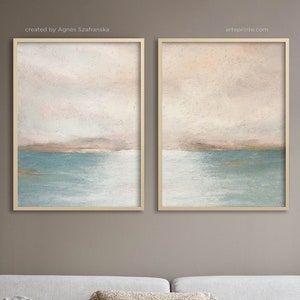 Abstract Painting Landscape, Set of 2 Art Prints COASTAL SUNSET Soft Pastel Painting Modern Contemporary 2 Panel Art, Printed Shipped zdjęcie 2