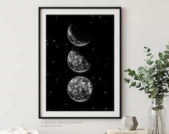 Lámina decorativa minimalista con imágenes de las fases lunares en blanco y negro.
