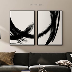 Black Lines Art, Set of 2 Black and White Abstract Art Prints, Minimalist Abstract Painting, Contemporary Modern Wall Art, Printed Shipped