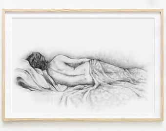 Woman Charcoal Drawing Print: Graphite Figure Sketch, Black & White Minimalist Feminine Wall Art - Giclee
