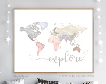 Explore Map Print, World Map Wall Art, Pastel Map of The World, Nursery Kids Room Wall Art Decor, World Map Poster, sizes up to 30x40 inches