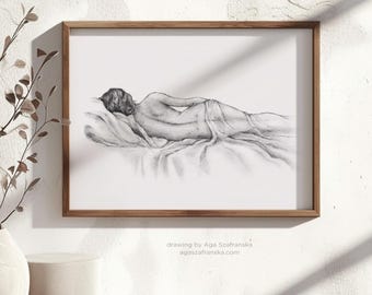 Woman Figure Charcoal Drawing, Black White Pencil Sketch Print, Feminine Minimalist Wall Art - Giclee