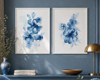 Set of 2 Blue Floral Watercolor Prints, Flowers Abstract Painting, Botanical Wall Art - Giclee