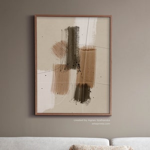 Abstracte kunstprint, neutrale muurkunst, bruinbeige moderne aquarel, penseelstreken kunst, canvas of papier, gicleeprint - Aga Szafranska