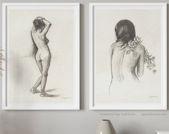 Set of 2 Feminine Female Figure Drawings Pencil Sketches Fine Art Giclee Wall Prints