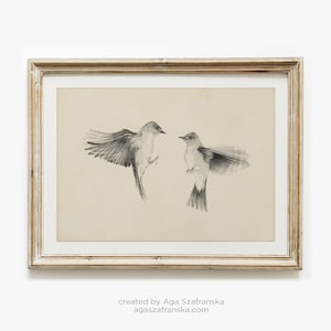 May include: A framed black and white pencil drawing of two birds in flight. The birds are facing each other and appear to be in mid-air. The drawing is on cream-coloured paper and is framed in a light wood frame.