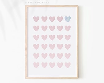 Blush Pink and Blue Hearts, Art Print, Pastel Hearts, Baby Girl Nursery Decor, Watercolor Painting Hearts, Girl Room Decor, Printed Shipped