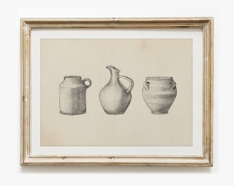 Antique Pitchers Sketch Art Print Vintage Pottery Drawing Rustic Kitchen Wall Decor Giclee