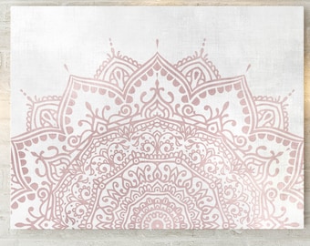 Blush Pink Gray Mandala Wall Art Print Boho Bedroom Decor, Canvas or Paper - Giclee