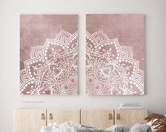Blush Pink Mandala Wall Art Set 2 Prints Boho Chic Girl Bedroom Decor - Giclee