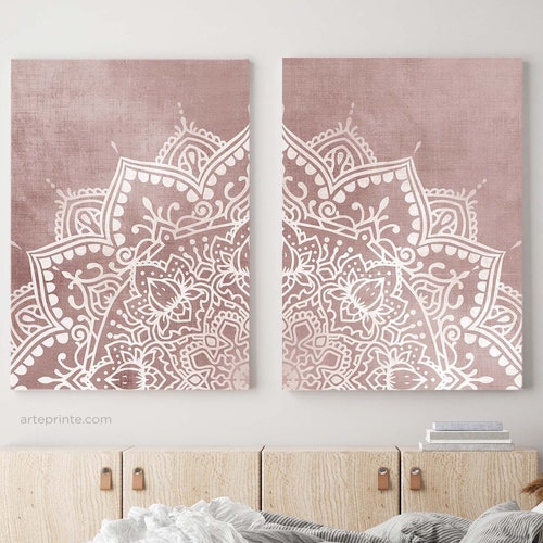 Blush Pink Gray Mandala Wall Art Set of 2 Prints Boho Living Etsy