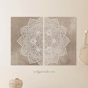 Mandala Wall Art Set of 2 Prints, Boho Wall Decor, Beige Taupe Living Room Bedroom Wall Decor, Yoga Decor, Canvas or Paper, Printed Shipped