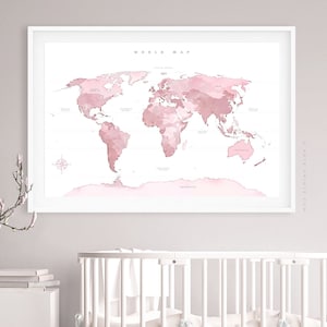 Pink World Map Wall Art with continents names, Pink Gray World Map Print, Girl Room Decor, Nursery Decor, Canvas or Paper, Printed Shipped