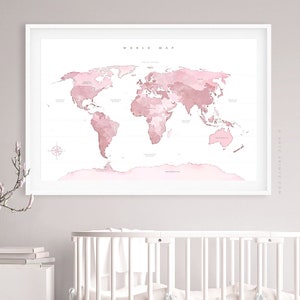 Rosa Weltkarte Wandbild mit Kontinenten Namen, Mädchenzimmer Dekor, Reise Weltkarte Druck, Mädchen Kinderzimmer Dekor, Leinwand oder Papier, Giclée Druck
