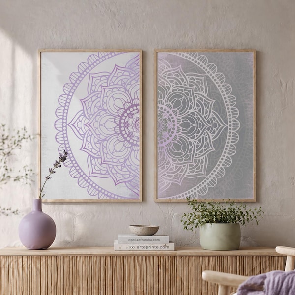 Lilac Gray Mandala Wall Art Set 2 Prints Boho Bedroom Living Room Decor Giclee