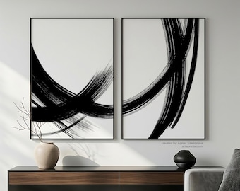Set of 2 Abstract Minimalist Prints, Modern Black White Brush Strokes Wall Art - Giclee