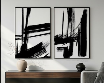 Bold Brushstrokes Prints Set 2 Black & White Abstract Wall Art Modern Minimalist Painting - Giclee