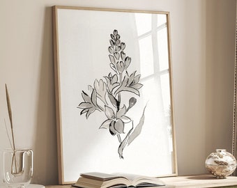 Grafika z motywem lilii: minimalistyczny abstrakcyjny obraz malowany tuszem i akwarelami, nowoczesna dekoracja ścienna z motywem kwiatowym – giclee