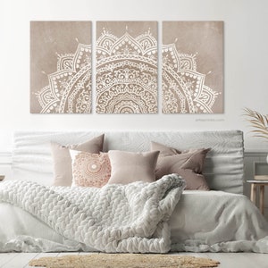 Beige Taupe Mandala Set of 3 Prints, Beige White Boho Wall Decor, 3 Piece Bedroom Living Room Wall Art, Canvas or Paper, Printed Shipped