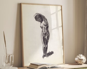 Charcoal Drawing Woman Figure Print: Vintage Style Minimalist Feminine Silhouette Sketch - Giclee