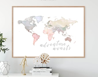 ADVENTURE AWAITS MAP Art Print, World Map Wall Art, Pastel Map of The World, Nursery Decor, Child Kid Room Map Wall Poster, Paper or Canvas