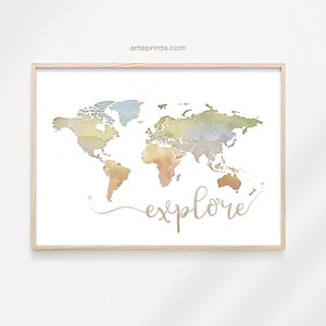 EXPLORE MAP PRINT, Explore World Map, Wall Art, Modern Minimalist, World Map, World Map Poster, Home Decor, Printed Shipped, Paper or Canvas