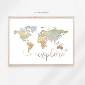 Art de carte, explorer - impression de carte du monde, art mural, carte aquarelle du monde, affiche de carte du monde, toile ou papier, impression jet d'encre | Aga Szafranska