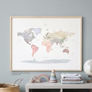Pastell Aquarell Weltkarte Wand Kunst Druck Kontinente Namen Kinderzimmer Kinderzimmer Dekor - Giclee