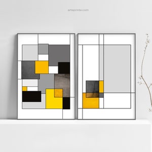 Modern Wall Art, Set of 2 Abstract Geometric Prints, Yellow Black, Gray White, Mondrian Style Art, Modern Home Decor, Printed Shipped