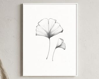 Ginkgo Leaf Graphite Pencil Drawing Illustration Art Print: Minimalist Botanical Sketch, Japanese Decor - Giclee