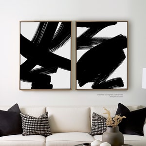 Black and White Abstract Art, Set of 2 Prints, Black Bold Brush Strokes, Abstract Painting Modern Contemporary Wall Art, Printed Shipped