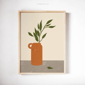 Vase Print Boho, Mid Century Boho Wall Art, Abstract Art, Green Plant in Orange Vase, Modern Boho Decor, Paper or Canvas, Printed Shipped