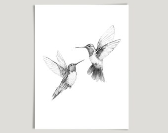 Two Hummingbirds Sketch Graphite Pencil Drawing Black White Art Print, Flying Birds Illustration - Giclee
