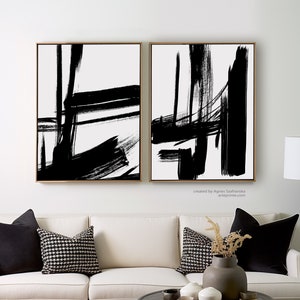 Black and White Abstract Wall Art Set of 2 Prints, Black Brush Strokes, Minimalist Painting, Modern Contemporary Wall Art, Printed Shipped