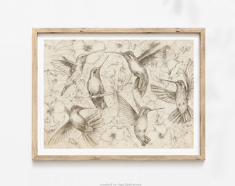 Hummingbirds Graphite Pencil Drawing Print: Family Birds Sketch Illustration, Vintage Style Wall Art - Giclee