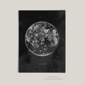 Mond Kunstdruck, Bleistiftzeichnung Schwarz-weiße Wandkunst - Boho Schlafzimmer Drucke, Jungen Zimmer Wanddekoration, Weltraum Poster - LA LUNA | Aga Szafranska
