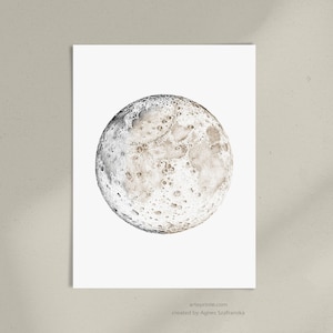 Mond Wand Kunst Druck, Bleistift Zeichnung - Beige Graue Vollmond Kunst, Minimalistische Illustration - Gedruckte ästhetische Skizze des Mondes von Aga Szafranska