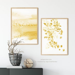 Set of 2 Yellow White Watercolor Wall Art Prints, Abstract Watercolor Painting and Minimalist Ginkgo Branch with Leaves, Printed Shipped Art