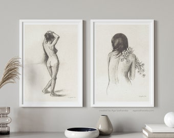 Summer Morning - Pencil Drawings, Set of 2 Art Prints, Woman with Flowers and Naked Woman, Drawing Art by Aga Szafranska - Printed Shipped