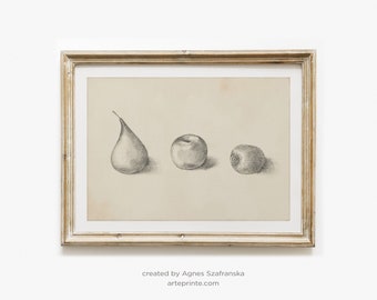 Fruits Pencil Drawing Print: Graphite Sketch Pear Apple Kiwi Illustration, Vintage Kitchen Decor - Giclee