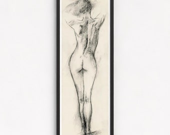 Charcoal Drawing Nude Woman Figure Print Feminine Sensual Minimalist Narrow Art (Framed/Unframed) - Giclee
