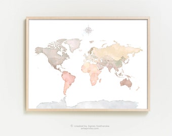 World Map Wall Art Print Pastel Watercolor Continents Modern Kids Room Decor | Giclee
