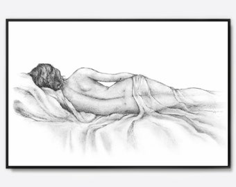 Woman Figure Charcoal Drawing Black & White Sketch, Feminine Wall Art - Framed Canvas 24x36inch