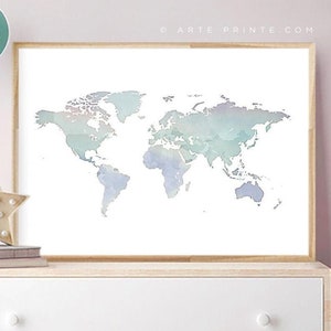 Art mural carte du monde pastel, décoration de chambre de bébé, carte du monde minimaliste moderne, affiche de chambre d'enfant, impression jet d'encre | Aga Szafranska