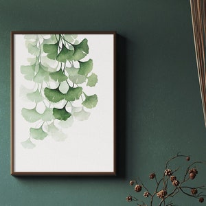 Ginkgo Art Print, Watercolor Botanical Wall Art, Green Watercolor Painting Branch with Leaves, Modern Abstract Painting Ginkgo Leaves Print