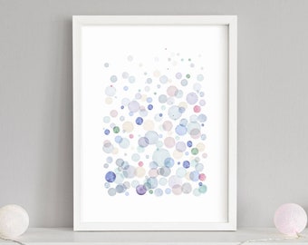 Bubbles Painting, Pastel Circles, Watercolor Art Print, Abstract Painting, Kids Childs Bathroom Decor, Modern Nursery Decor, Printed Shipped