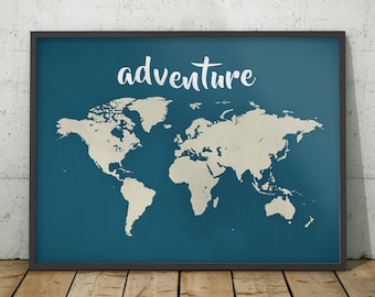 World Map Wall Art, Adventure Map Print, Teal Beige White Map of the World, Children Kid Room Map Decor, World Map Poster, Printed Shipped
