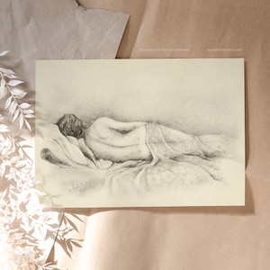 Charcoal and pencil drawing woman in a bed, cream and gray art print by Aga Szafranska.