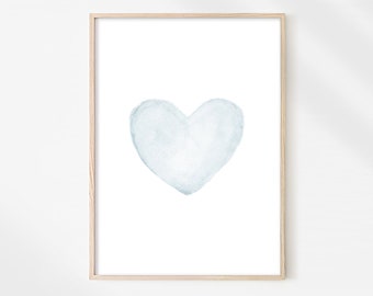 Impresión de corazón azul, arte del corazón de acuarela, impresión de la guardería, corazón de pintura azul pálido silenciado, decoración de la habitación del niño de la guardería del niño, impreso enviado